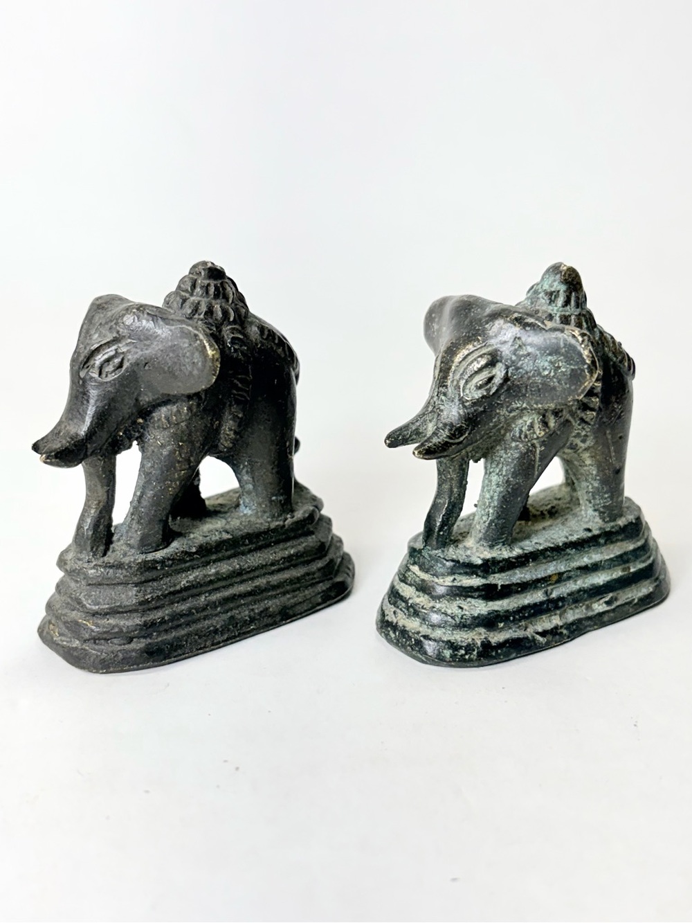 2 Burmese ? Bronze Opium Weight Sculpture Of Elephant Vintage Antique